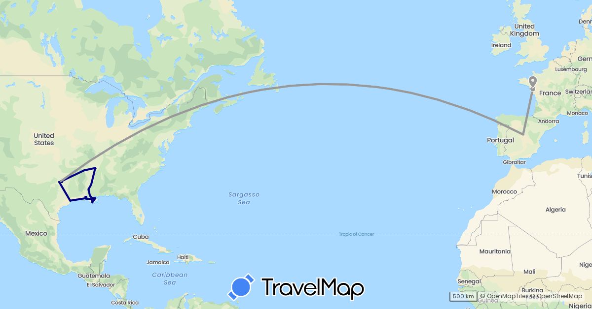 TravelMap itinerary: driving, plane in Spain, France, United States (Europe, North America)