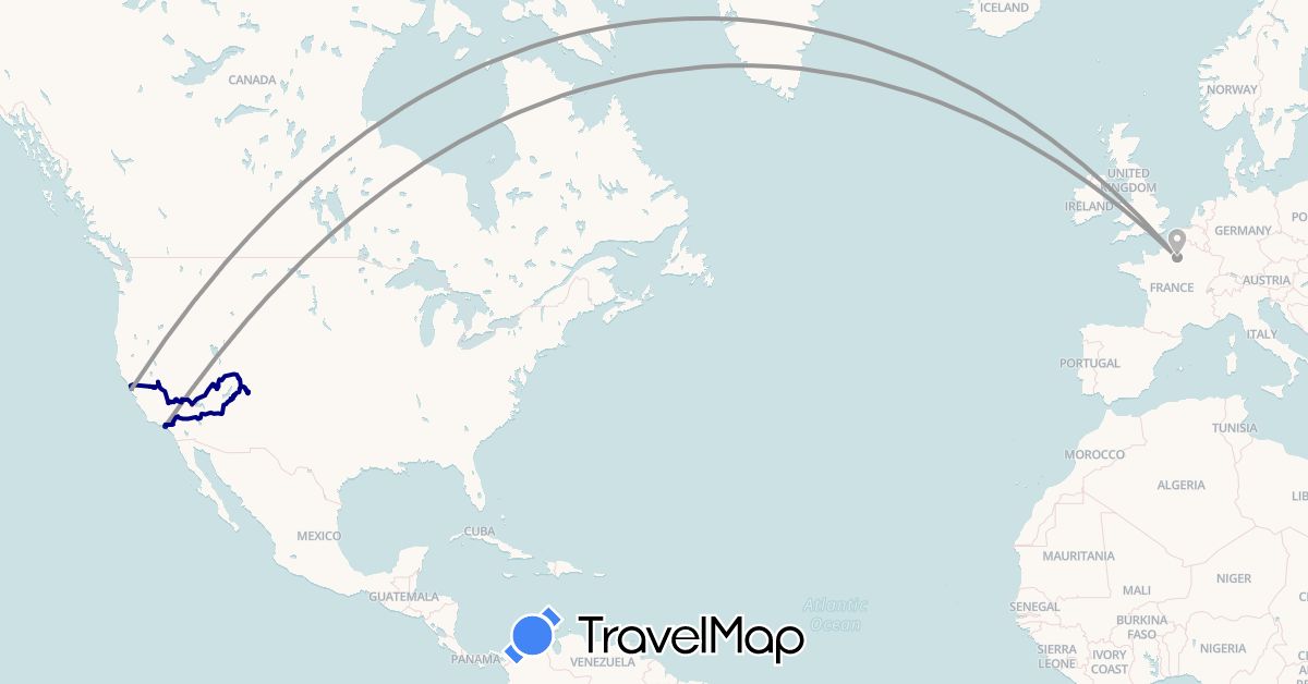 TravelMap itinerary: driving, bus, plane, hiking, boat in France, United States (Europe, North America)